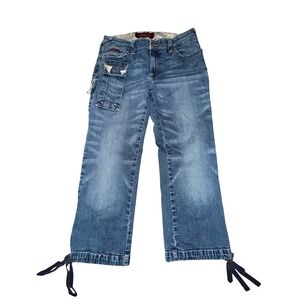 Baby Phat Cargo Jeans 7 Blue Denim Cropped Ankle Tie Y2K McBling Utility